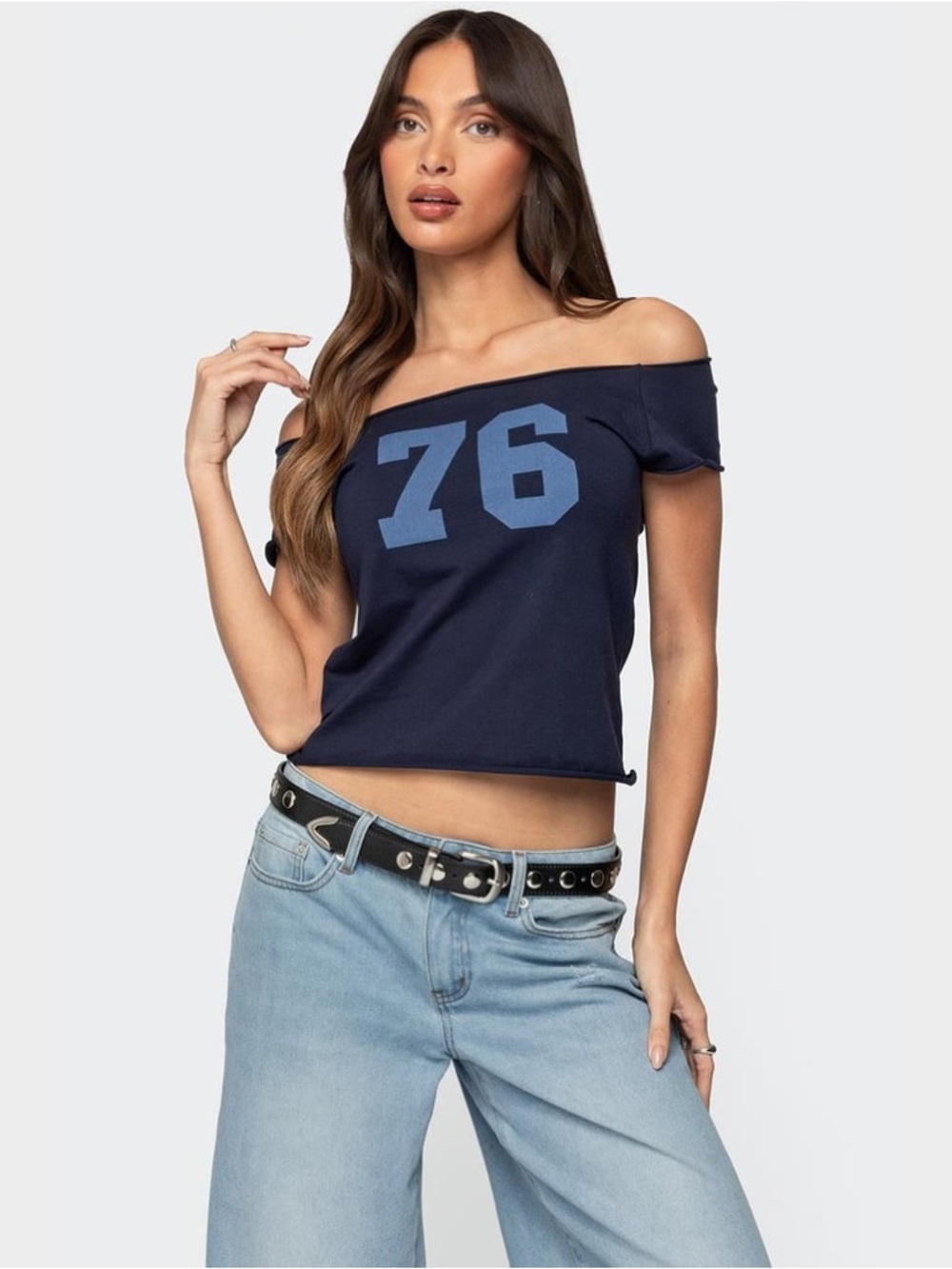 Edikted Navy Off-Shoulder Tee with '76' Graphic